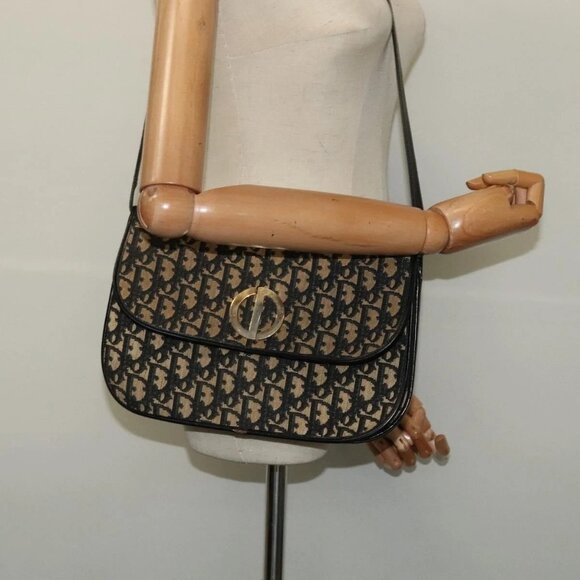 Christian Dior Trotter Canvas Shoulder Bag Navy Gold Auth BD2210 - Picture 3 of 16